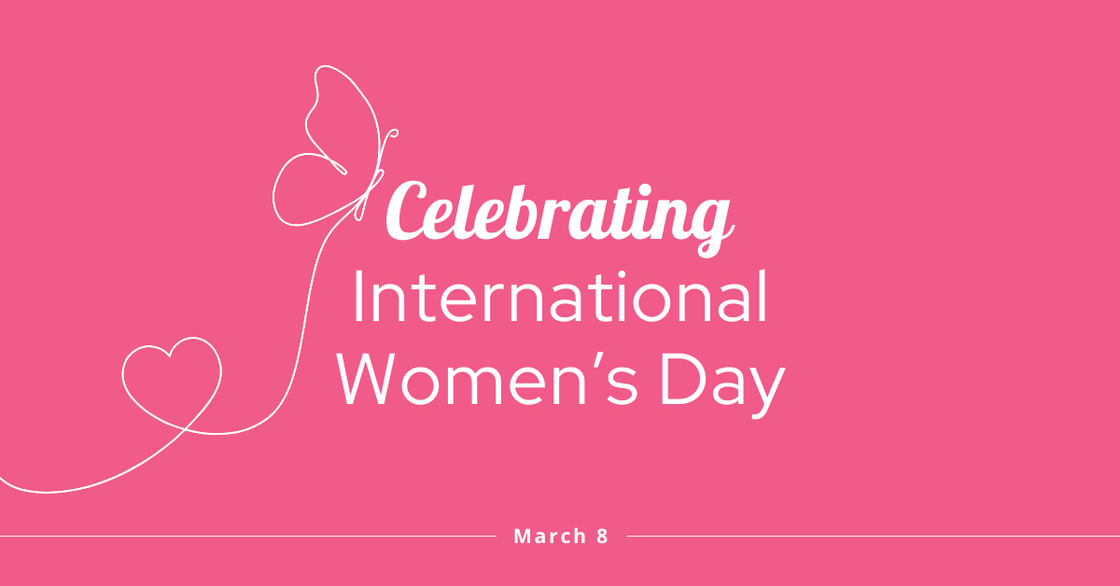 Graphic titled “Celebrating International Women’s Day” with the date March 8 and white outline illustrations of a butterfly and a heart on a pink background.
